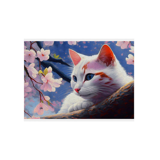 15.7" x 11.8" (Horizontal) White Cat - Aluminum Composite Wall Art Home Decor Art & Wall Decor cats cherry blossoms Metal pets white cat