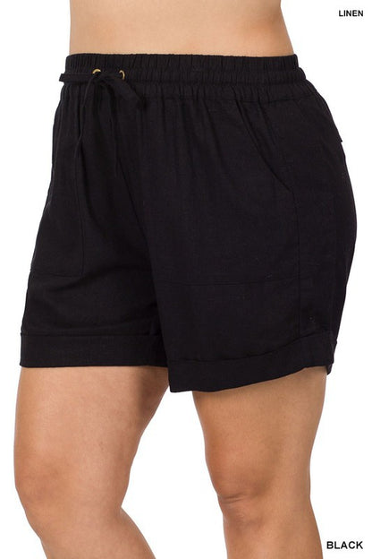 BLACK 3X Plus Linen Drawstring-Waist Shorts with Pockets Casual Pants Plus