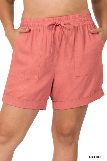 ASH ROSE Plus Linen Drawstring-Waist Shorts with Pockets Casual Pants Plus