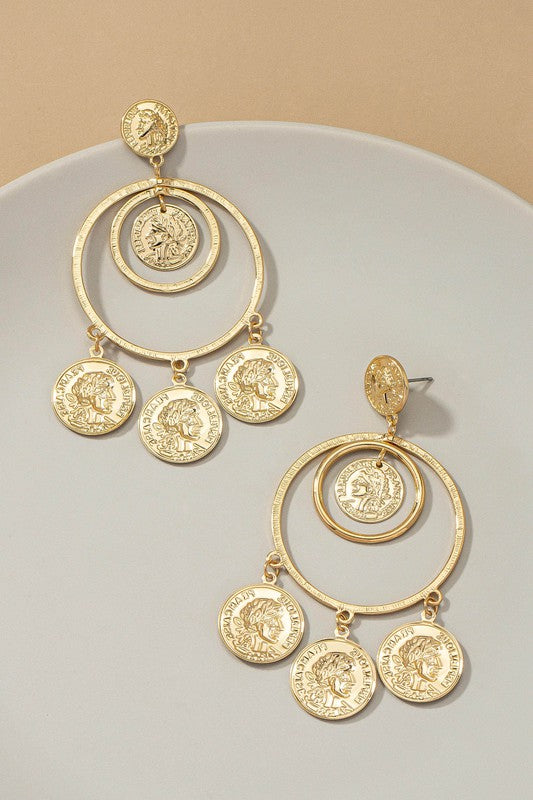 Gold one size Double hoop drop earrings with dangling coins