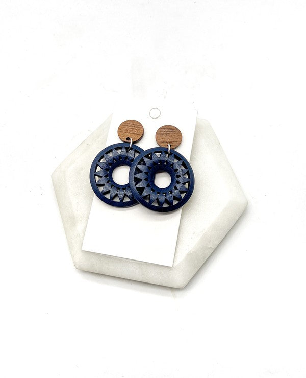 Navy Blue Wood Sunburst Earrings