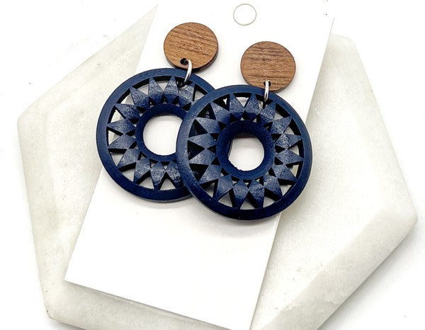 Navy Blue Wood Sunburst Earrings