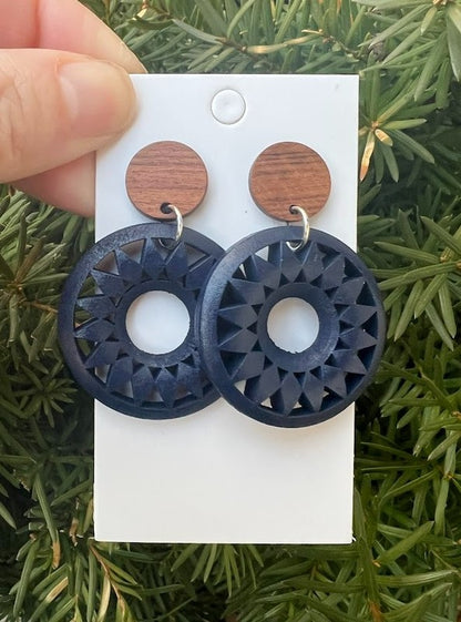 Navy Blue Wood Sunburst Earrings