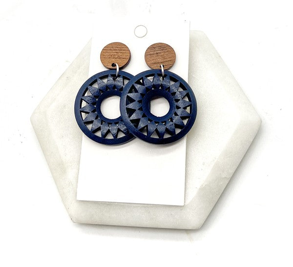 Navy Blue Wood Sunburst Earrings