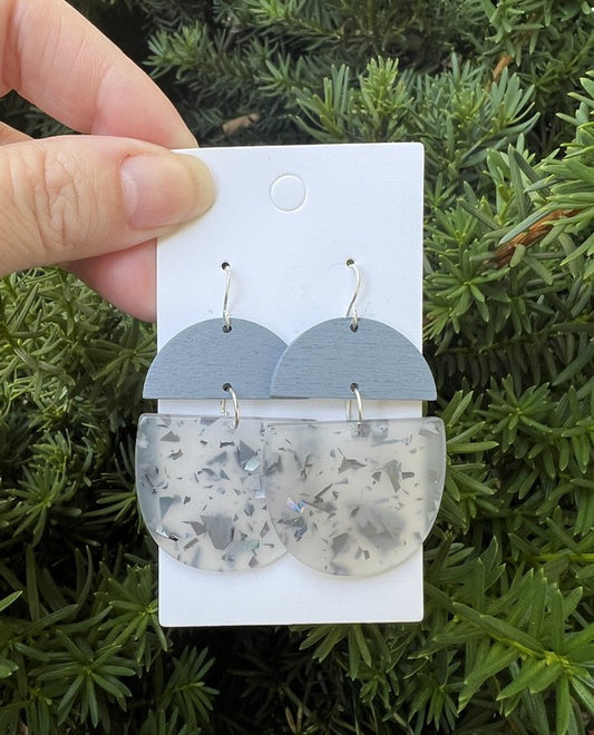 grey 2 inch Grey Sparkle Sequin Wood Acrylic Deco Earrings Handmade