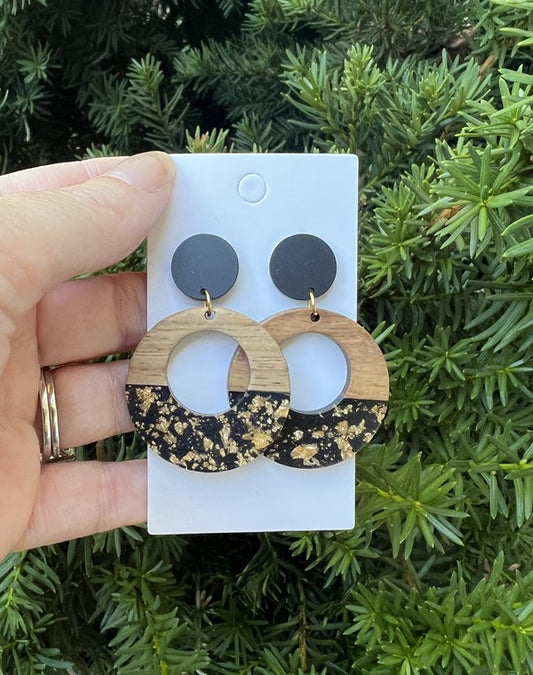 Black 2 inch Gold Flake Wood Acrylic Statement Earrings