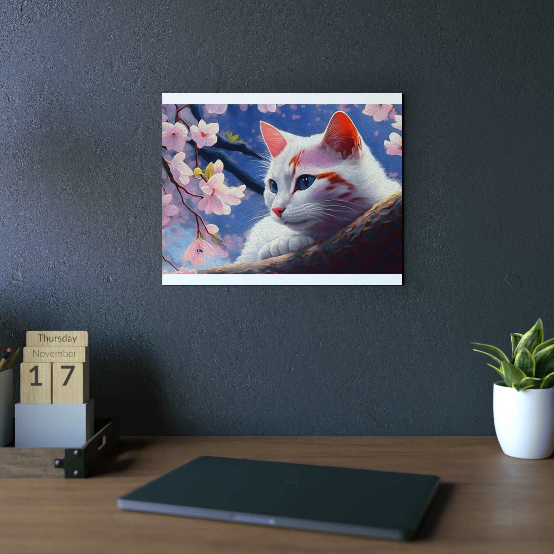 Cat and Cherry Blossoms Wall Art Home Decor Art & Wall Decor cats Caturdays Custom Artwork Decor Home & Living Home Decor Matte Metal Metallic