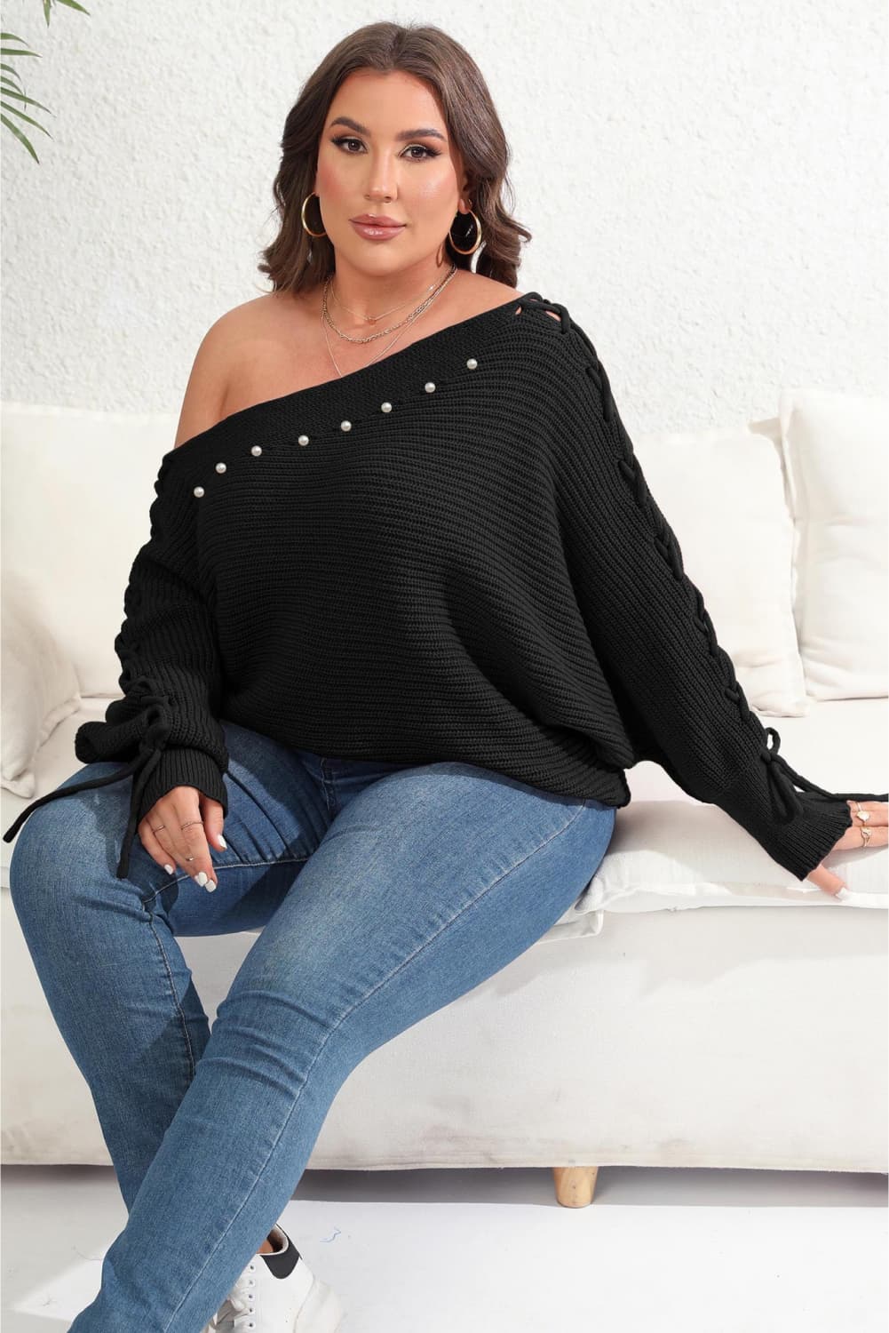 Plus Size One Shoulder Beaded Sweater clothing clothes for curves fit my curves O & Y.M Plus Plus Sized Clothing Ship From Overseas