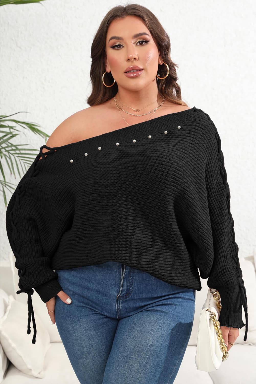 Plus Size One Shoulder Beaded Sweater clothing clothes for curves fit my curves O & Y.M Plus Plus Sized Clothing Ship From Overseas