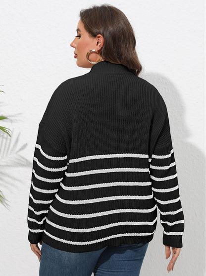 Plus Size Zip-Up Striped Sweater clothing clothes for curves fit my curves O & Y.M Plus Plus Sized Clothing Ship From Overseas