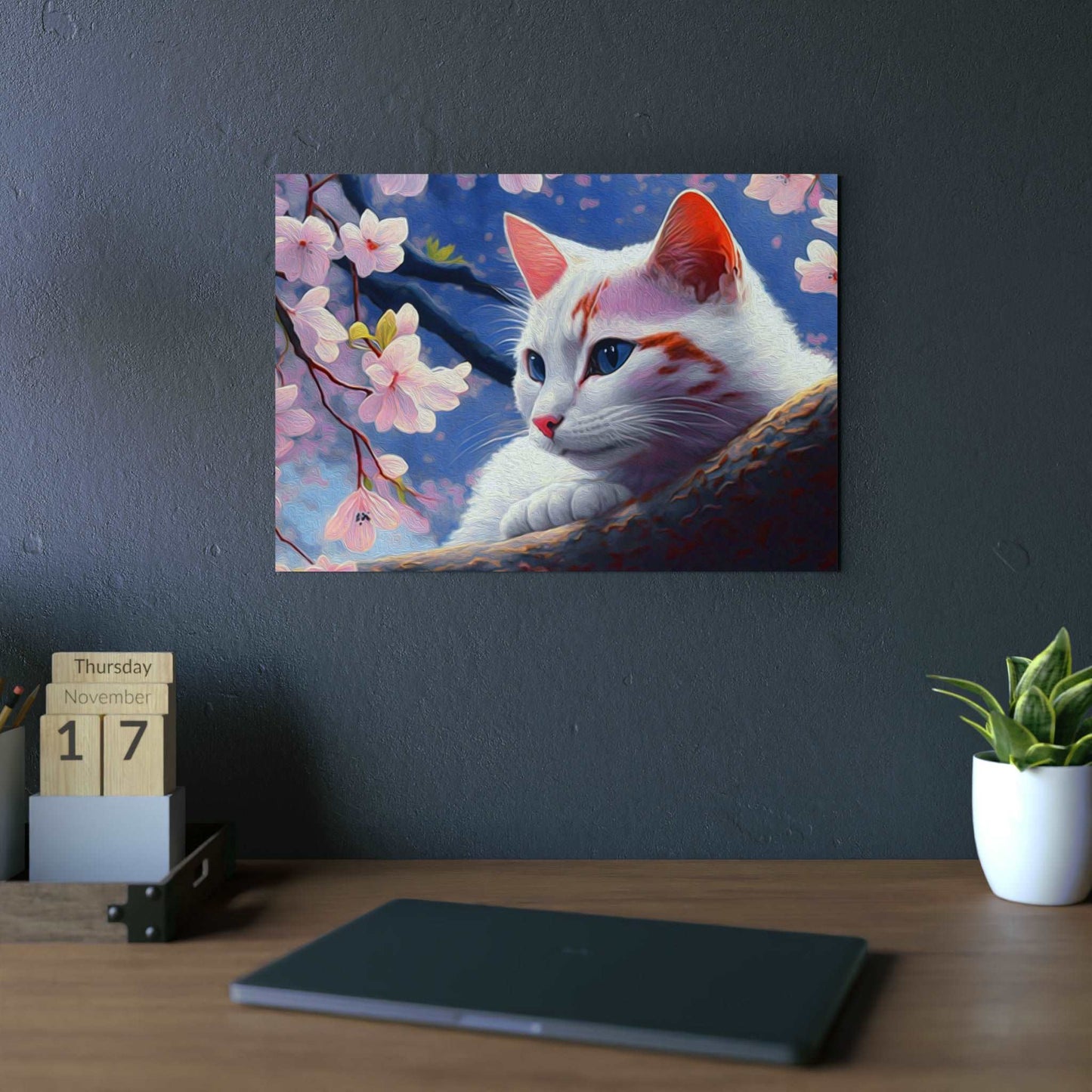 Cat and Cherry Blossoms Wall Art Home Decor Art & Wall Decor cats Caturdays Custom Artwork Decor Home & Living Home Decor Matte Metal Metallic