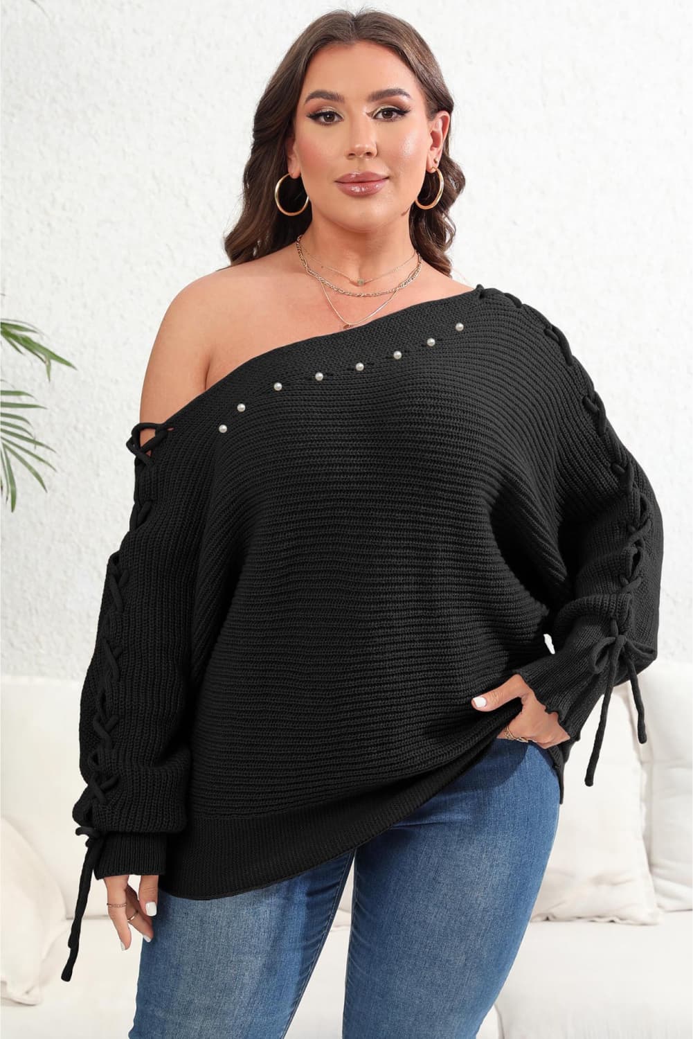 Black Plus Size One Shoulder Beaded Sweater clothing clothes for curves fit my curves O & Y.M Plus Plus Sized Clothing Ship From Overseas