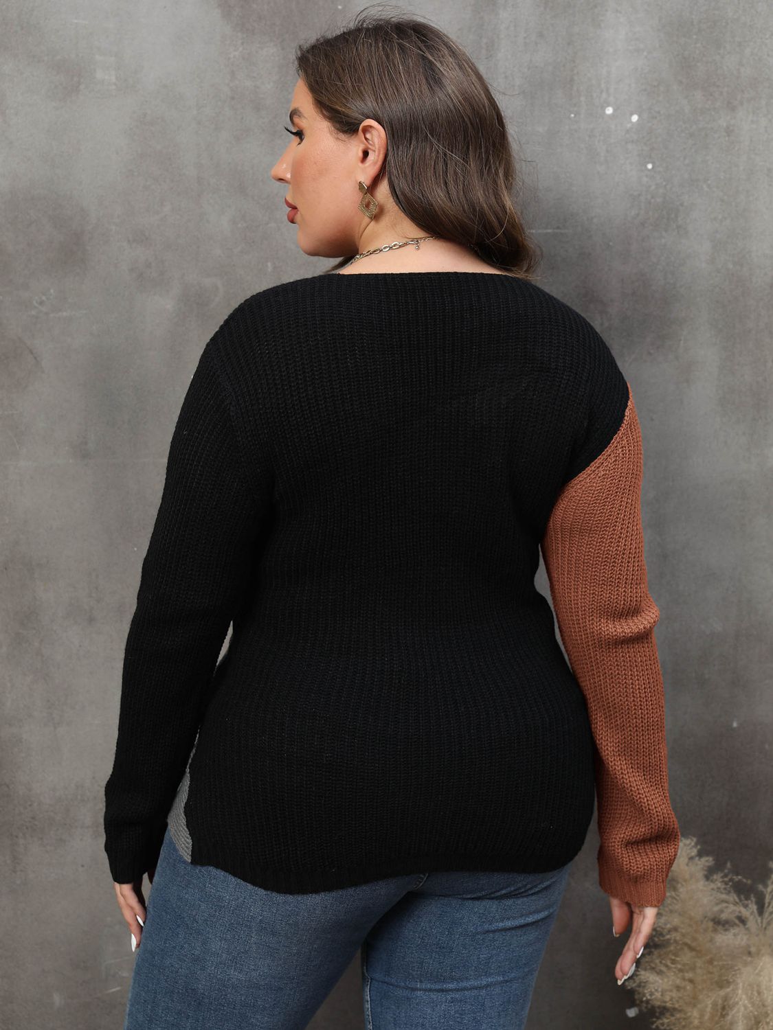 Plus Size Two-Tone Surplice Neck Sweater clothing clothes for curves fit my curves O & Y.M Plus Plus Sized Clothing Ship From Overseas