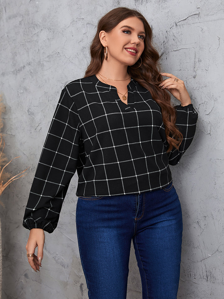 Plus Size Notched Neck Long Sleeve Blouse clothing clothes for curves fit my curves HS Plus Plus Sized Clothing Ship From Overseas