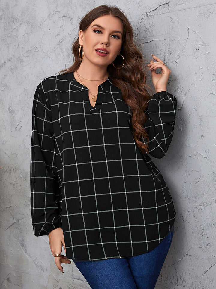 Black Plus Size Notched Neck Long Sleeve Blouse clothing clothes for curves fit my curves HS Plus Plus Sized Clothing Ship From Overseas