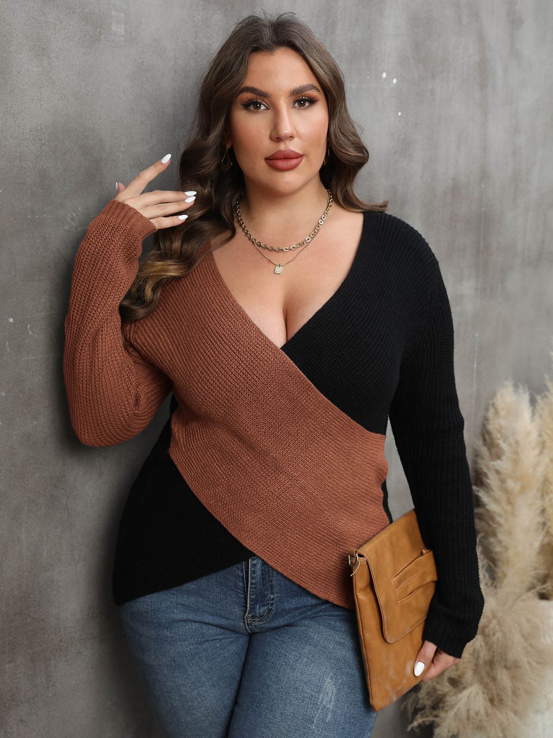 Caramel Plus Size Two-Tone Surplice Neck Sweater clothing clothes for curves fit my curves O & Y.M Plus Plus Sized Clothing Ship From Overseas