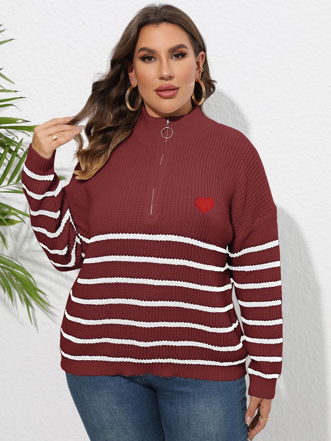 Wine Plus Size Zip-Up Striped Sweater clothing clothes for curves fit my curves O & Y.M Plus Plus Sized Clothing Ship From Overseas