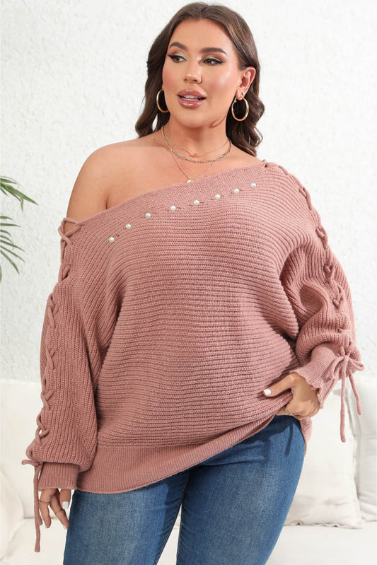 Dusty Pink Plus Size One Shoulder Beaded Sweater clothing clothes for curves fit my curves O & Y.M Plus Plus Sized Clothing Ship From Overseas