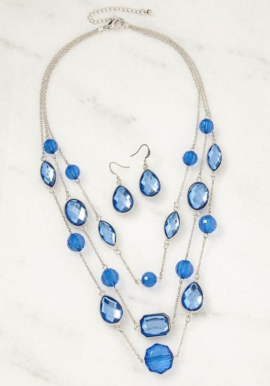 SILVER BLUE Os BLUE SILVER GEM LAYERED NECKLACE chunky necklace Elegant necklace Fancy jewelry formal necklace jewel necklace Long layered necklace Luxury jewelry statement necklace triple tiered necklace