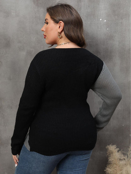 Plus Size Two-Tone Surplice Neck Sweater clothing clothes for curves fit my curves O & Y.M Plus Plus Sized Clothing Ship From Overseas