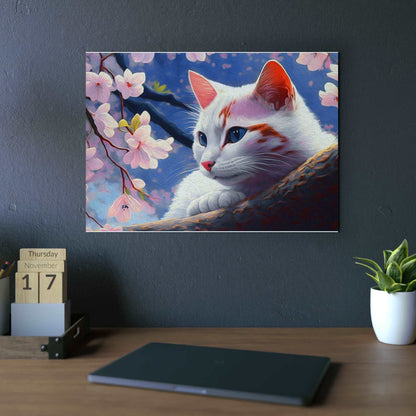 Cat and Cherry Blossoms Wall Art Home Decor Art & Wall Decor cats Caturdays Custom Artwork Decor Home & Living Home Decor Matte Metal Metallic