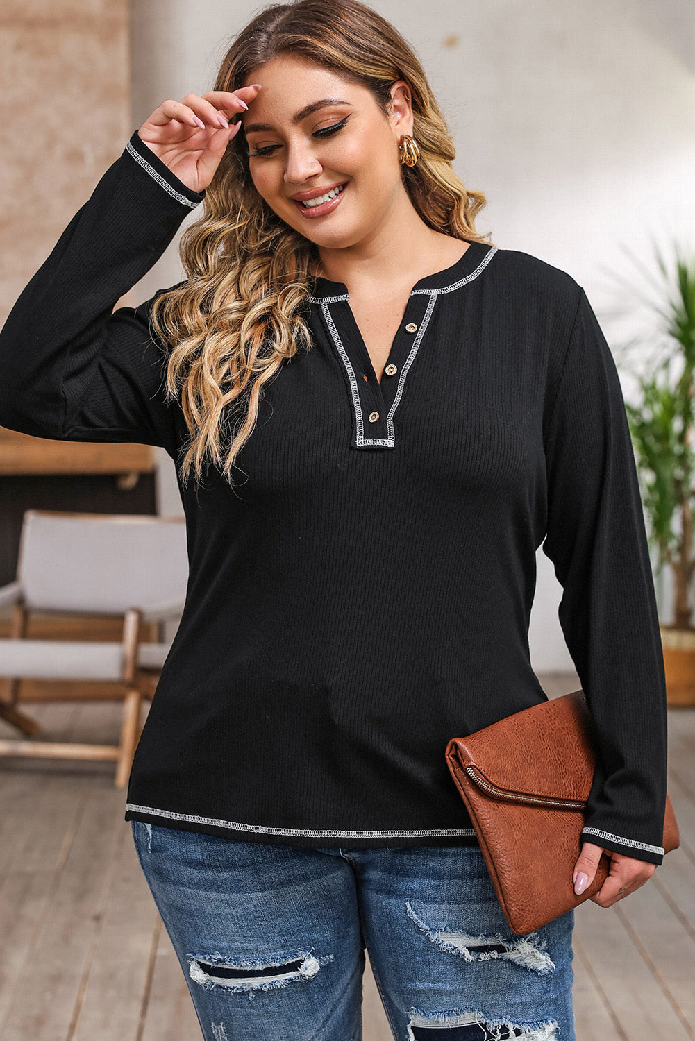 Plus Size Notched Neck Long Sleeve T-Shirt clothing clothes for curves fit my curves Plus Plus Sized Clothing Ship From Overseas SYNZ