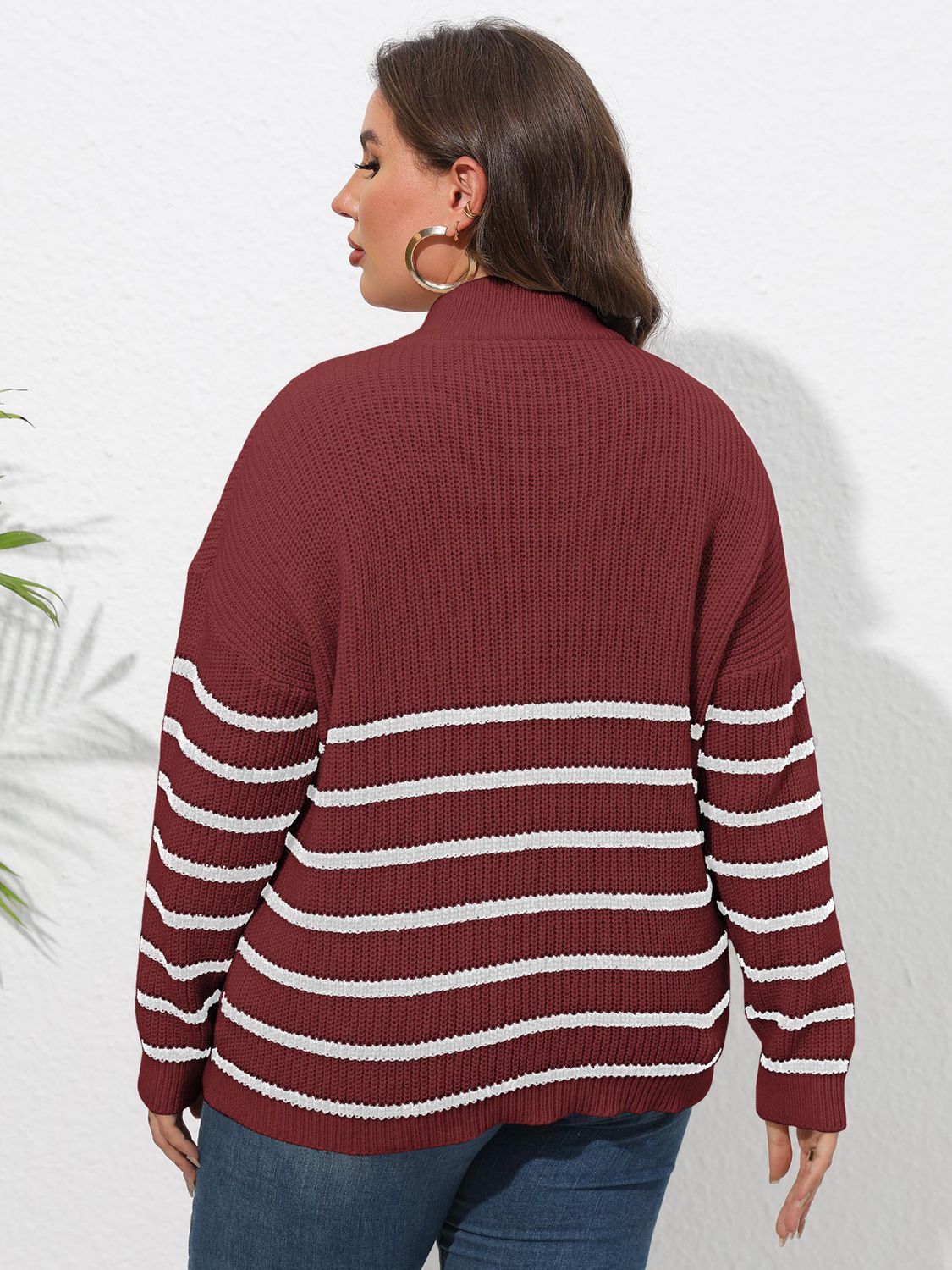 Plus Size Zip-Up Striped Sweater clothing clothes for curves fit my curves O & Y.M Plus Plus Sized Clothing Ship From Overseas