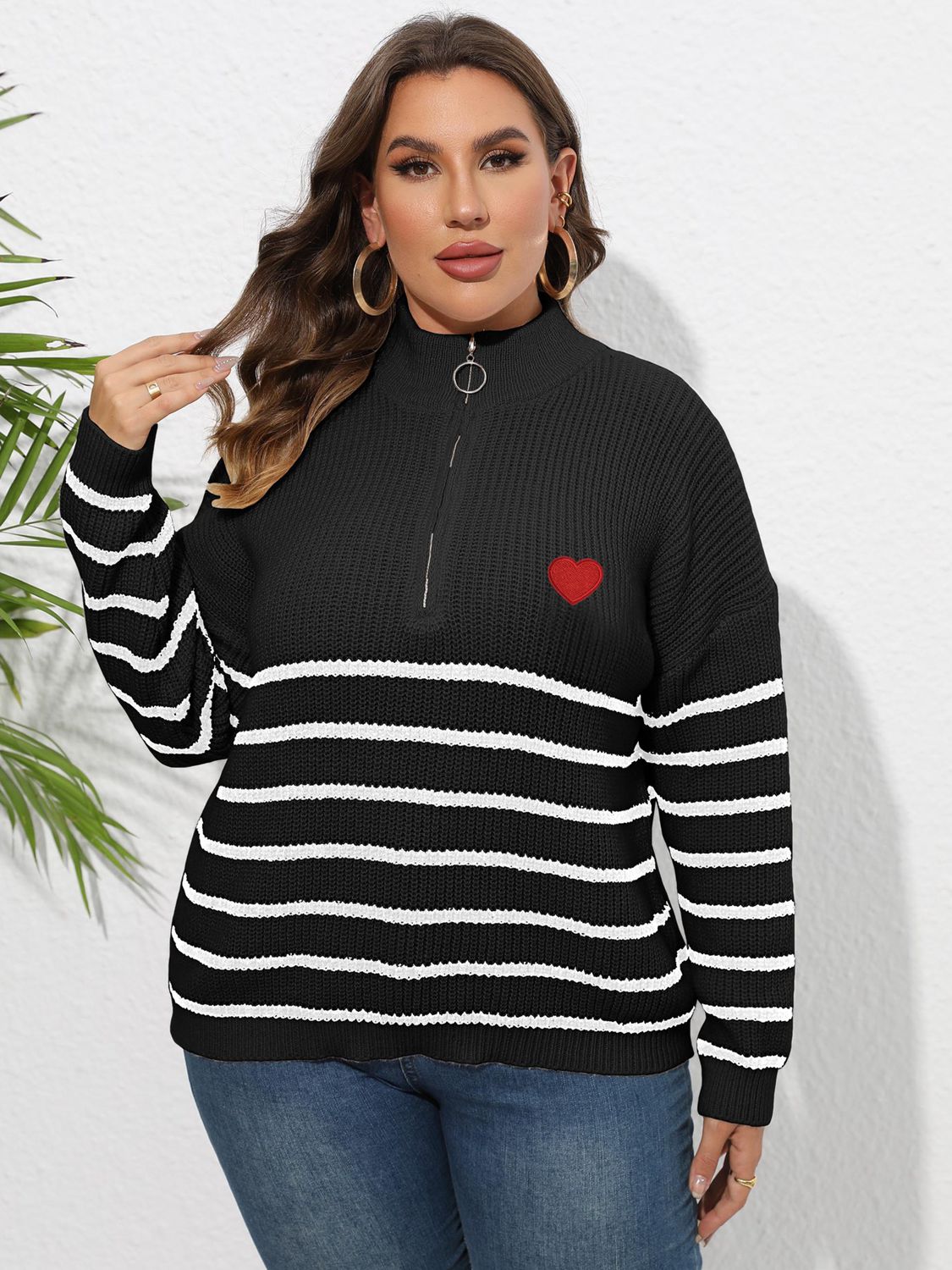 Plus Size Zip-Up Striped Sweater clothing clothes for curves fit my curves O & Y.M Plus Plus Sized Clothing Ship From Overseas