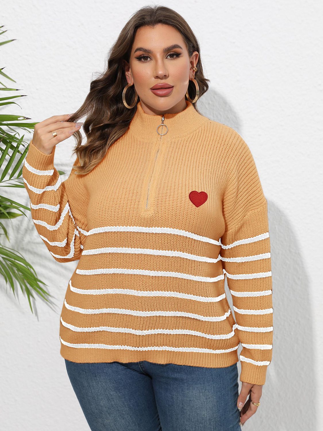 Sherbet Plus Size Zip-Up Striped Sweater clothing clothes for curves fit my curves O & Y.M Plus Plus Sized Clothing Ship From Overseas