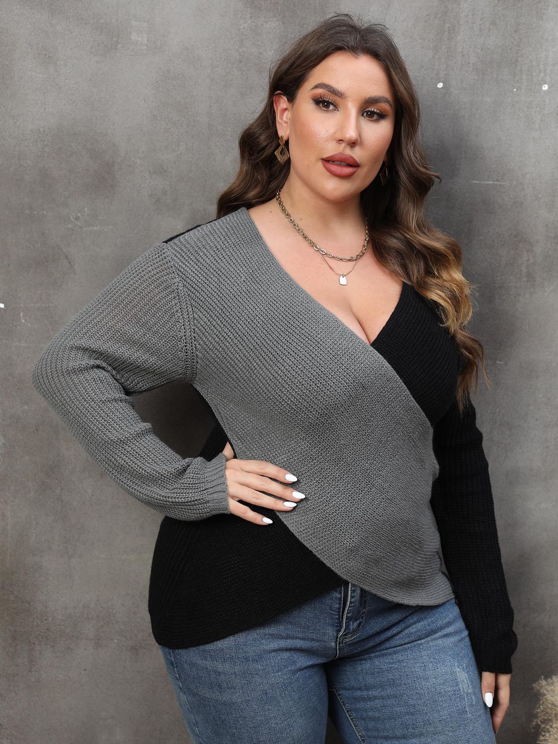 Plus Size Two-Tone Surplice Neck Sweater clothing clothes for curves fit my curves O & Y.M Plus Plus Sized Clothing Ship From Overseas