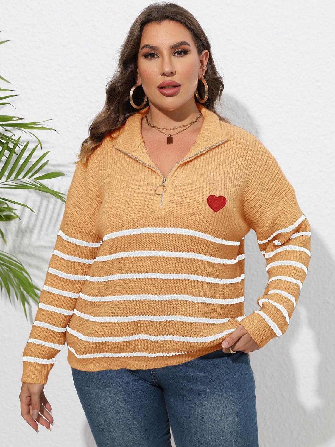 Plus Size Zip-Up Striped Sweater clothing clothes for curves fit my curves O & Y.M Plus Plus Sized Clothing Ship From Overseas