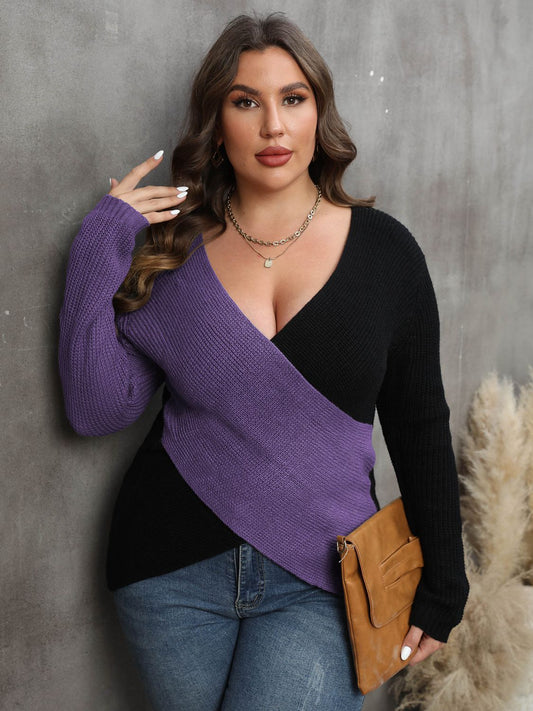 Violet Plus Size Two-Tone Surplice Neck Sweater clothing clothes for curves fit my curves O & Y.M Plus Plus Sized Clothing Ship From Overseas