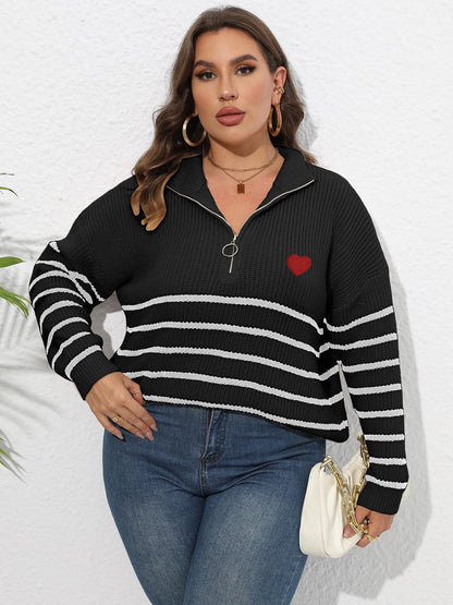 Black Plus Size Zip-Up Striped Sweater clothing clothes for curves fit my curves O & Y.M Plus Plus Sized Clothing Ship From Overseas