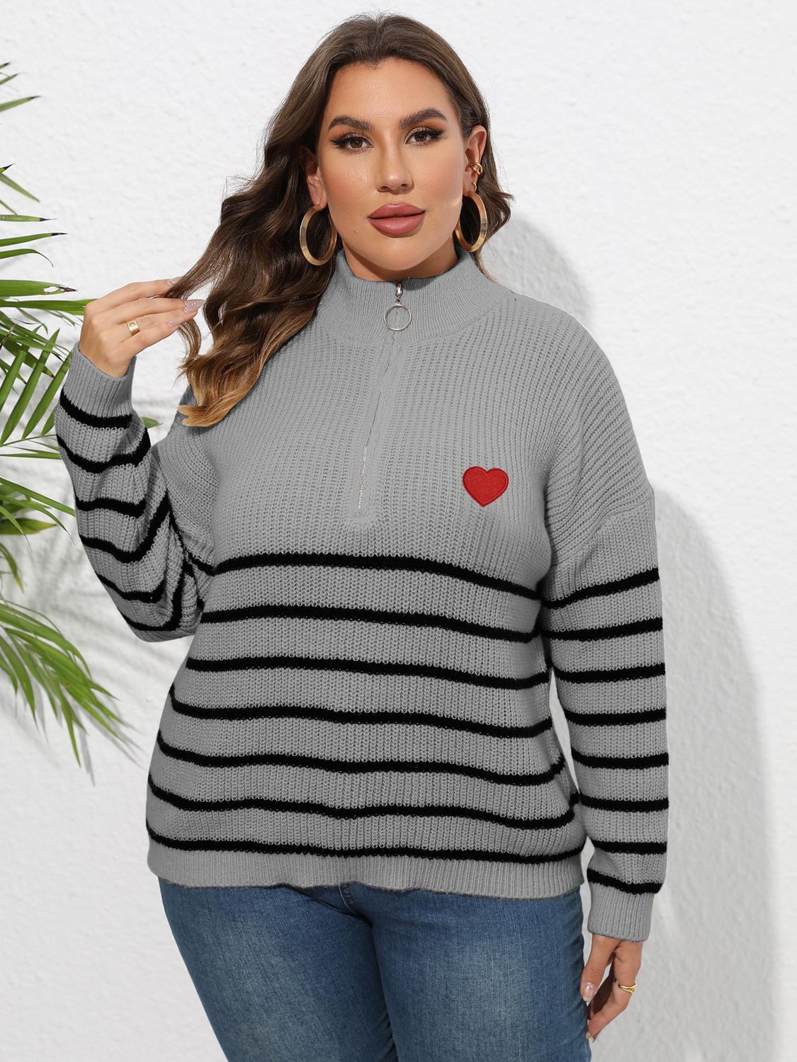 Plus Size Zip-Up Striped Sweater clothing clothes for curves fit my curves O & Y.M Plus Plus Sized Clothing Ship From Overseas