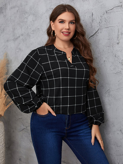 Plus Size Notched Neck Long Sleeve Blouse clothing clothes for curves fit my curves HS Plus Plus Sized Clothing Ship From Overseas