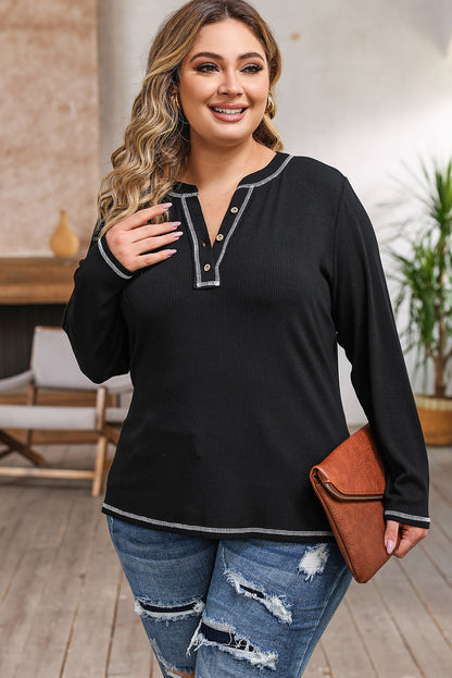 Plus Size Notched Neck Long Sleeve T-Shirt clothing clothes for curves fit my curves Plus Plus Sized Clothing Ship From Overseas SYNZ