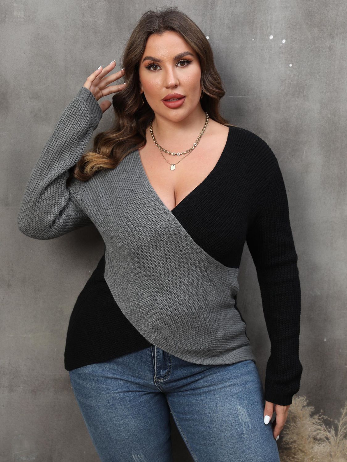 Charcoal Plus Size Two-Tone Surplice Neck Sweater clothing clothes for curves fit my curves O & Y.M Plus Plus Sized Clothing Ship From Overseas