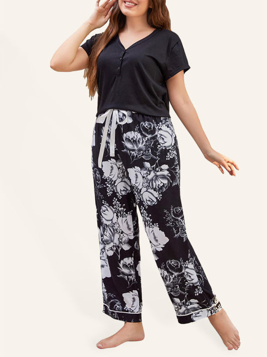 Black Plus Size women's V Neck Short Sleeve T-Shirt Floral Trousers Home Pajamas Set clothing for curves curve curvy plus size plus size clothing