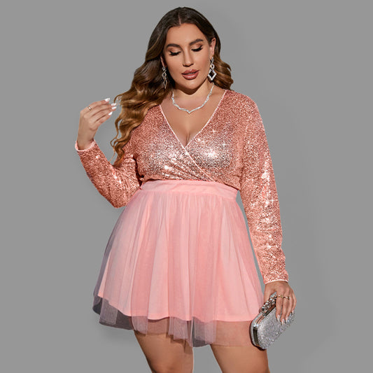 Pink Plus Size Women's Sequin Stitching Mesh Sexy Sweet Party Dress clothing for curves curve curvy plus size plus size clothing