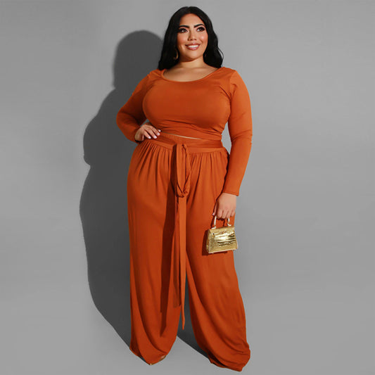 Orange Women's plus size solid color knitted casual two-piece set clothing for curves curve curvy plus size plus size clothing