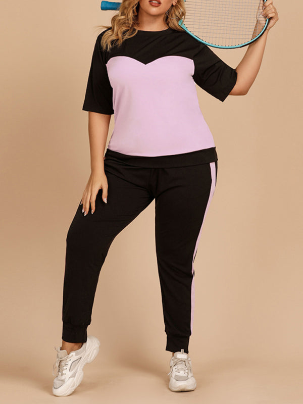 Plus Size Women's Contrasting Color Round Neck Top Elastic Waist Trousers Loose Casual Sports Suit clothing for curves curve curvy plus size plus size clothing