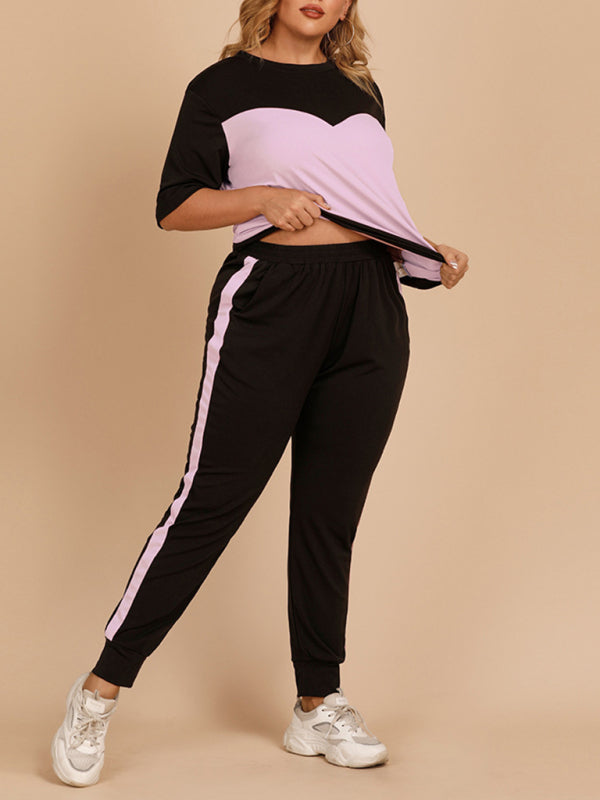 Plus Size Women's Contrasting Color Round Neck Top Elastic Waist Trousers Loose Casual Sports Suit clothing for curves curve curvy plus size plus size clothing